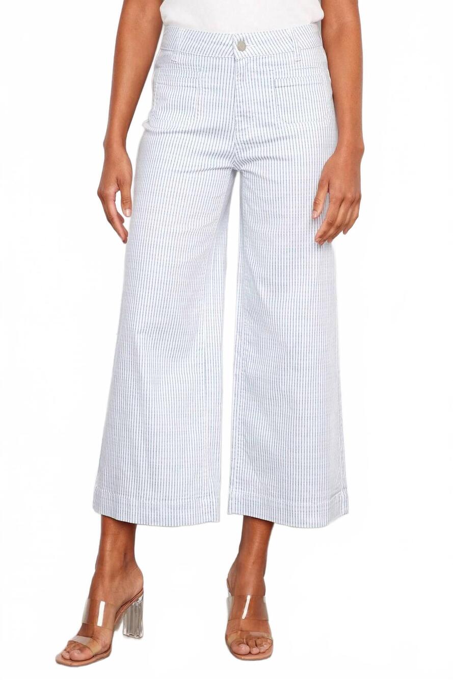 NEW CHARLIE B women's striped cropped flare pants in blue lines